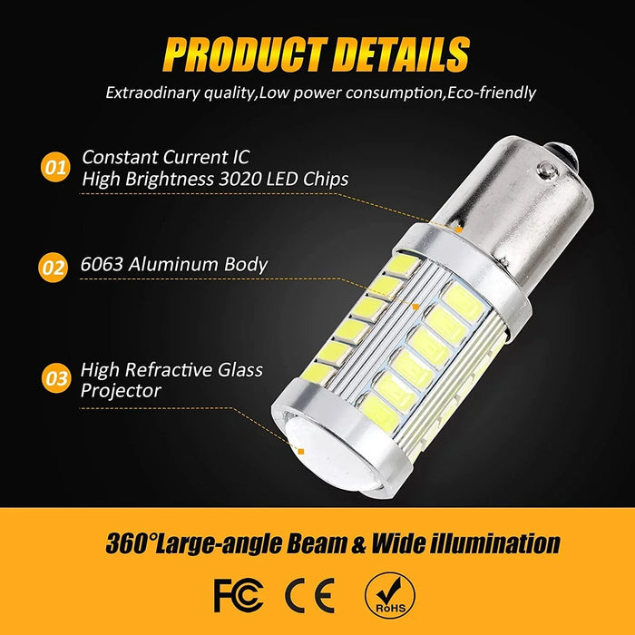 1156 P21W BA15S LED Brake/Reverse/Parking/Tail/Turn Singnal Light Bulbs 50W 8000LM Cool White/Amber/Red 33 Series | 2 Bulbs