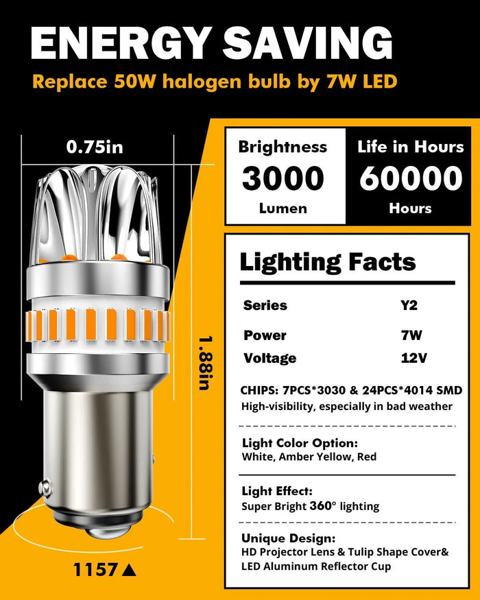 1157 BAY15D LED Turn Signal Light Rear/Front, Side Maker Light Bulbs 14W 6000LM CAN-Bus Error Free 3000K Amber Y2 Series | 2 Bulbs