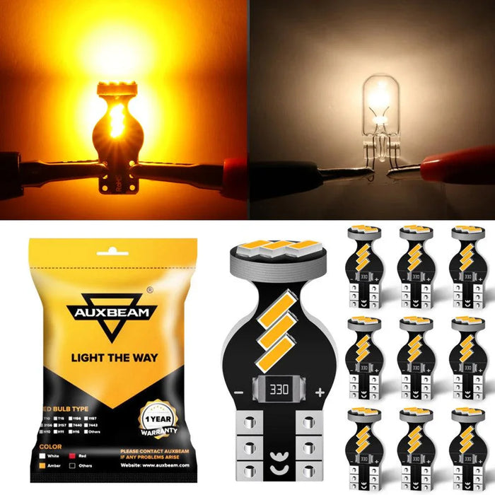 168 2825 W5W T10 LED Interior Light Bulbs 1.5W 300% Brighter 3500K Amber | 10 Bulbs