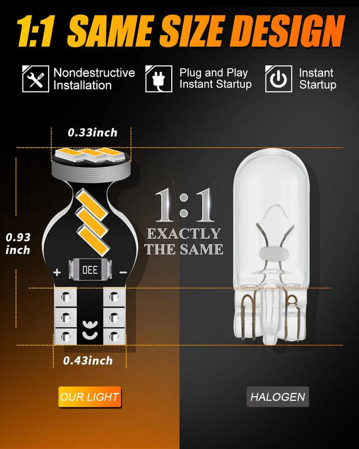 168 2825 W5W T10 LED Interior Light Bulbs 1.5W 300% Brighter 3500K Amber | 10 Bulbs