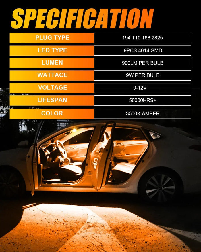 168 2825 W5W T10 LED Interior Light Bulbs 1.5W 300% Brighter 3500K Amber | 10 Bulbs