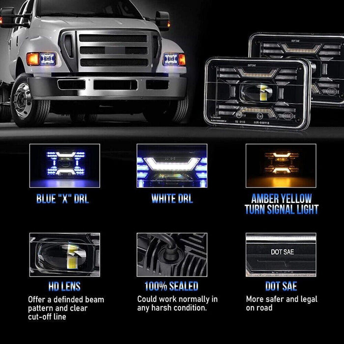 (2pcs/set) 4x6 Inch Sealed Beam LED Headlights with Hi-Lo Beam DRL Turn Signal Light