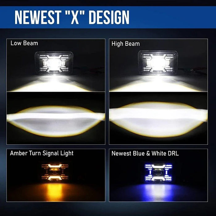 (2pcs/set) 4x6 Inch Sealed Beam LED Headlights with Hi-Lo Beam DRL Turn Signal Light