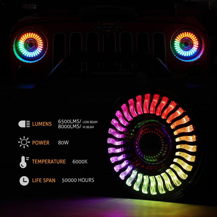 (2pcs/set) 7 inch 80W Hi-Lo Beam LED Headlight With RGB Flowing Halo Ring App Control for Jeep Wrangler JK, TJ, LJ, CJ