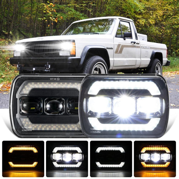 (2pcs/set) 7x6 Inch Sealed Beam LED Headlights with Hi-Lo Beam Yellow Turn Signal White DRL Lamps