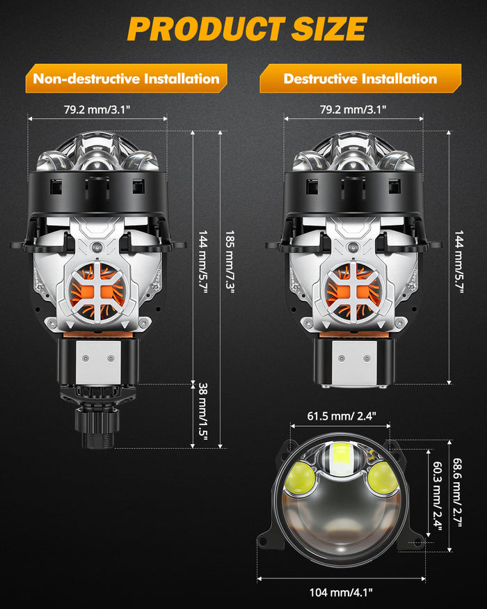 🆕3 Inch 148W Dual Fan Cooling Bi-LED Projector Headlight 6500K Triple Beam Laser Assist C6 Series Non-destructive & Retrofit Compatible Upgrade Kit