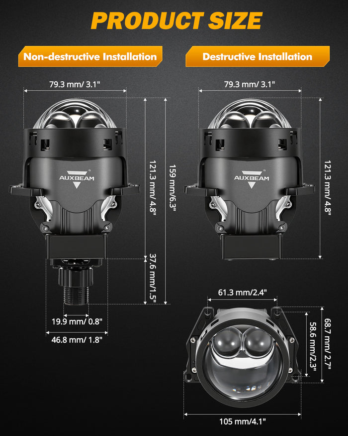 3 Inch 160W 6000K Bi-LED Projector Headlight Dual Laser Beam S8 Series Non-Destructive & Retrofit Compatible Upgrade Kit