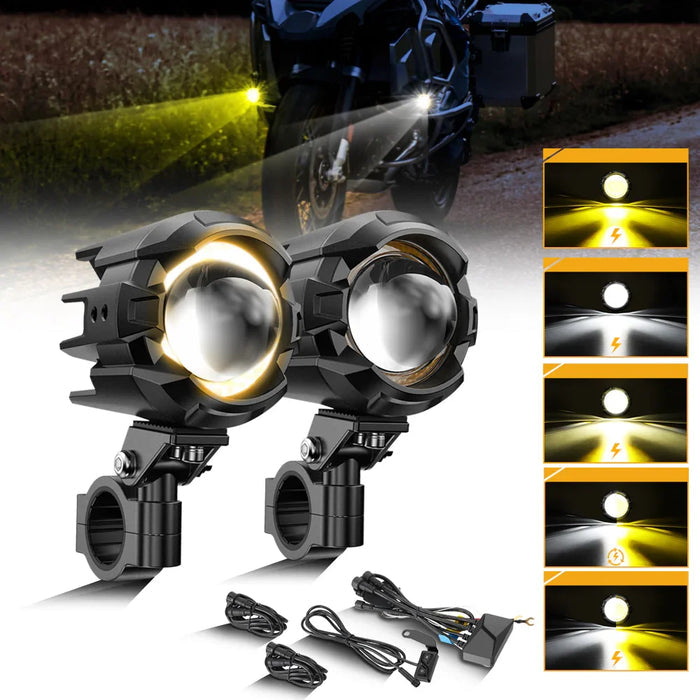 🆕3 Inch Motorcycle LED Spotlight Bi-LED Projector Lens Headlight 120W Dual Color Switchback LED Work Light 3+5 Light Modes for Motorcycle SUV ATV Trucks | 2PCS/Set