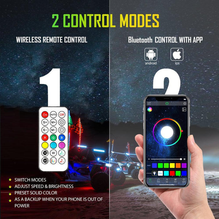 3FT/4FT LED RGB Whip Lights with Bluetooth/ Remote Controlled + Whip Light Mounting Brackets for UTV, ATV, Off-road Vehicle