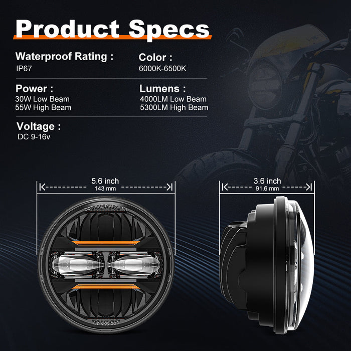 5.75 Inch 55W DOT Motorcycle LED Headlight Assembly with Amber DRL for Sportster/Softail/Dyna