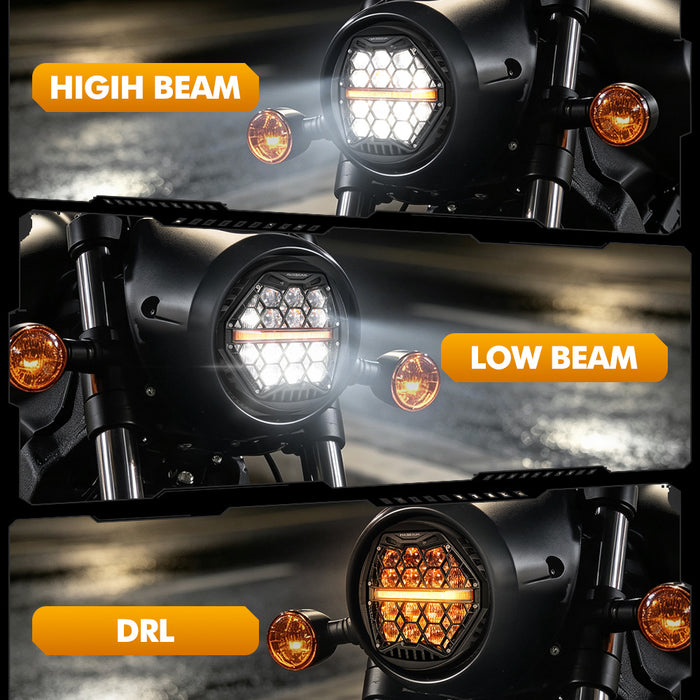 🆕 5.75 Inch 60W DOT Motorcycle LED Headlight Assembly with Amber DRL & Honeycomb Design (Hi/Lo Beam) for 2004-2009 XL883