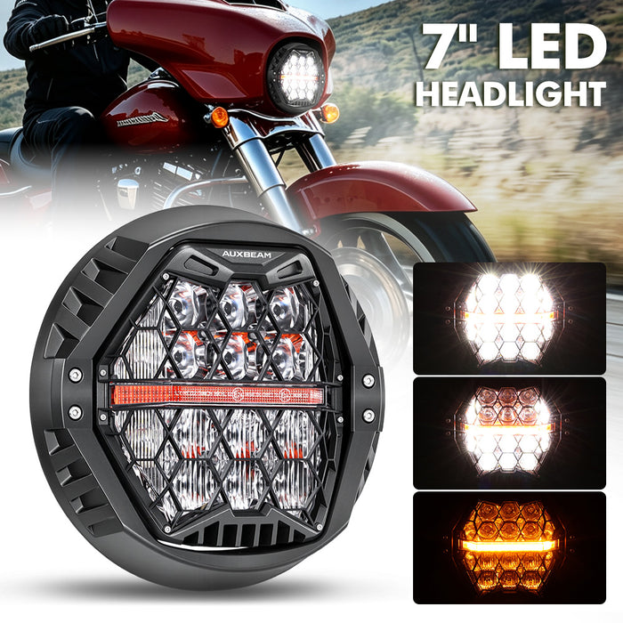 🆕 7 Inch 120W DOT Motorcycle LED Headlight Assembly with Amber DRL & Honeycomb Design (Hi/Lo Beam) for Harley-Davidson Touring/Softail Models/Kawasaki Vulcan Mean Streak