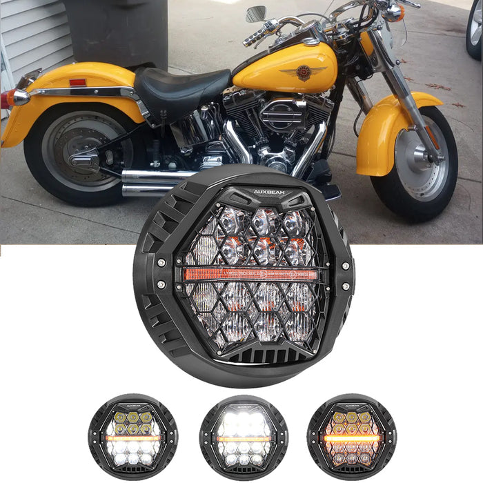 🆕 7 Inch 120W DOT Motorcycle LED Headlight Assembly with Amber DRL & Honeycomb Design (Hi/Lo Beam) for 2000-2017 Fat Boy FLSTF