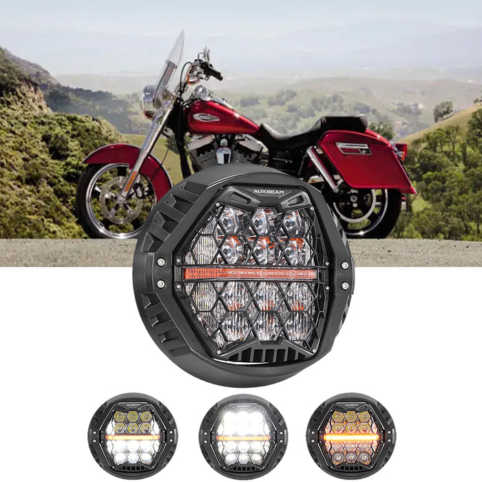 🆕 7 Inch 120W DOT Motorcycle LED Headlight Assembly with Amber DRL & Honeycomb Design (Hi/Lo Beam) for 2012-2016 Switchback FLD
