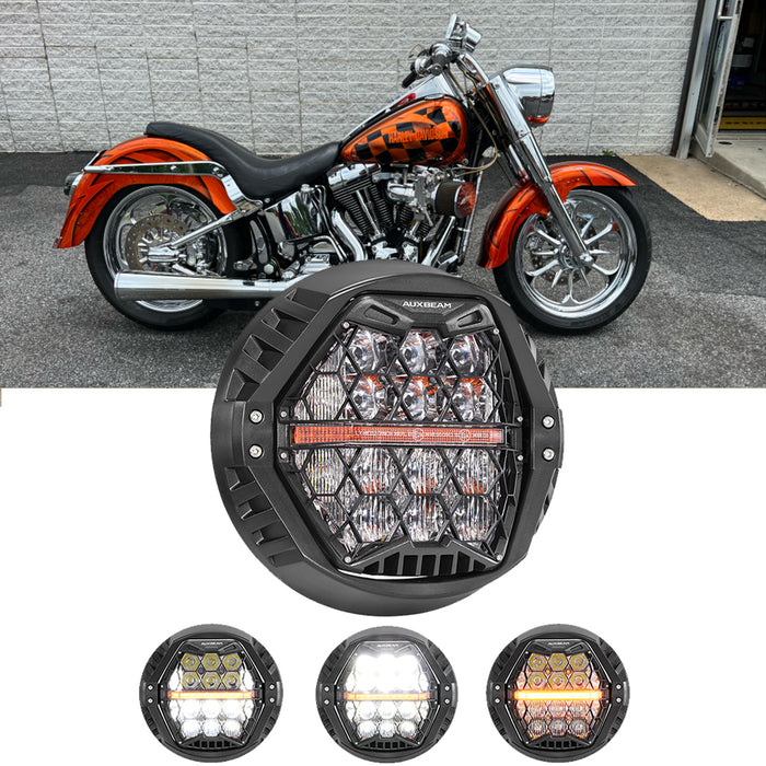 🆕 7 Inch 120W DOT Motorcycle LED Headlight Assembly with Amber DRL & Honeycomb Design (Hi/Lo Beam) for 2001-2006 Fat Boy EFI FLSTFI