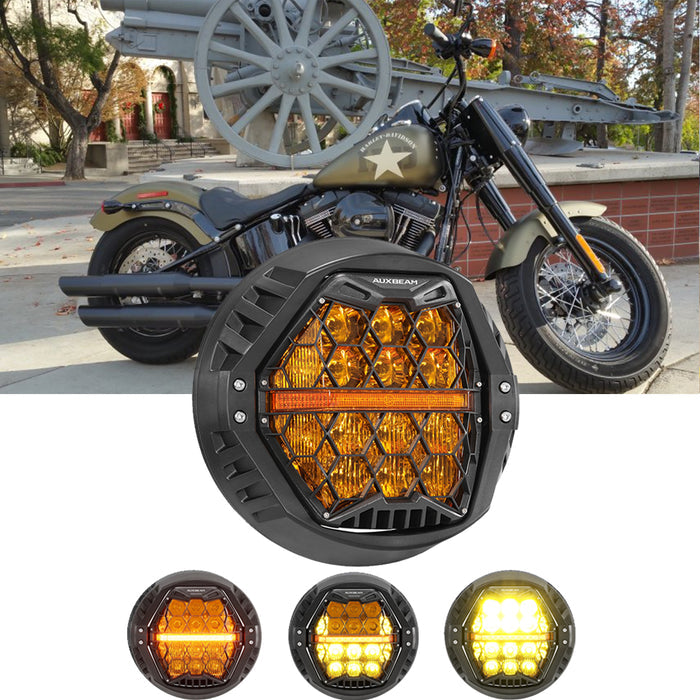 🆕 7 Inch 120W DOT Motorcycle LED Headlight Assembly with Amber DRL & Honeycomb Design (Hi/Lo Beam) for Softail Slim