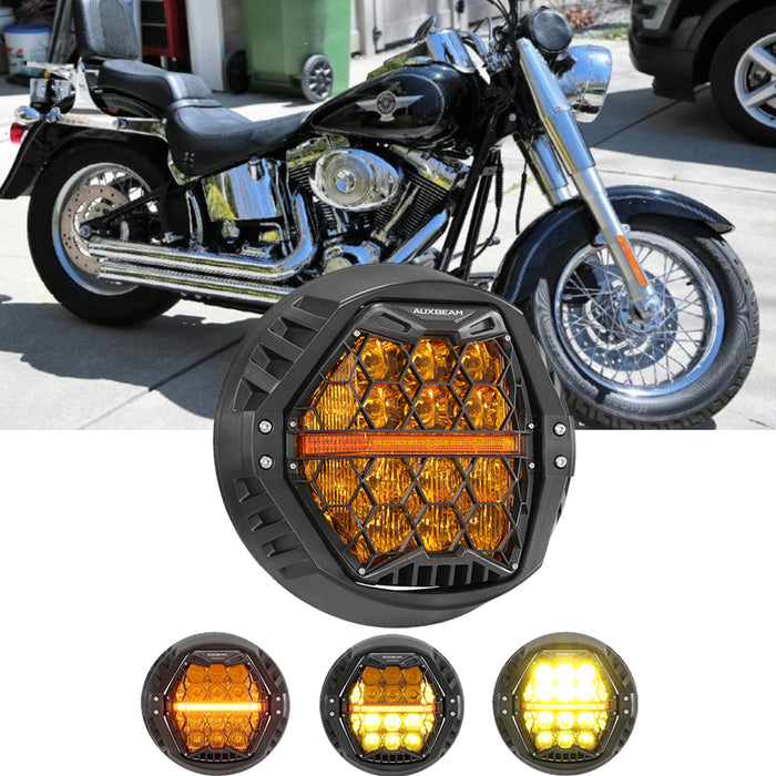 🆕 7 Inch 120W DOT Motorcycle LED Headlight Assembly with Amber DRL & Honeycomb Design (Hi/Lo Beam) for 2001-2006 Fat Boy EFI FLSTFI