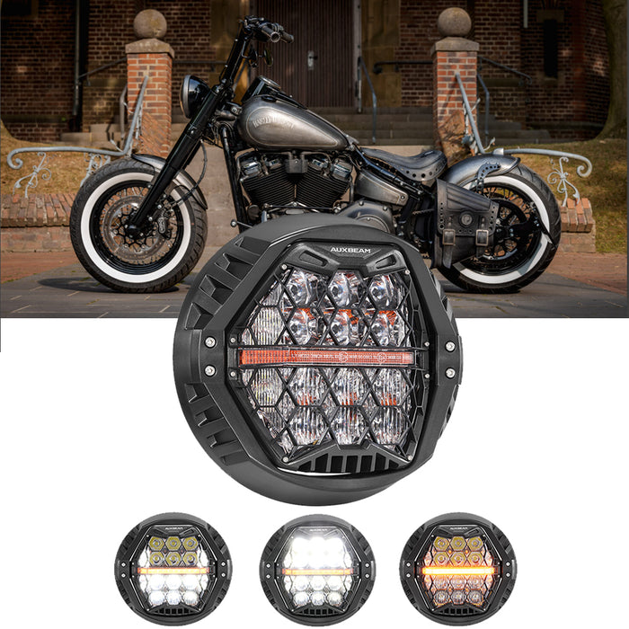 🆕 7 Inch 120W DOT Motorcycle LED Headlight Assembly with Amber DRL & Honeycomb Design (Hi/Lo Beam) for Softail Slim