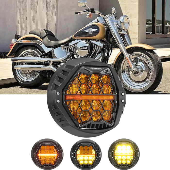 🆕 7 Inch 120W DOT Motorcycle LED Headlight Assembly with Amber DRL & Honeycomb Design (Hi/Lo Beam) for 2000-2017 Fat Boy FLSTF