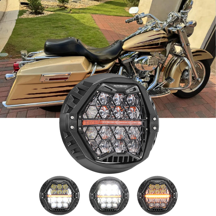 🆕 7 Inch 120W DOT Motorcycle LED Headlight Assembly with Amber DRL & Honeycomb Design (Hi/Lo Beam) for 2003 CVO Road King 2 FLHRSEI2