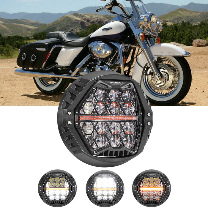 🆕 7 Inch 120W DOT Motorcycle LED Headlight Assembly with Amber DRL & Honeycomb Design (Hi/Lo Beam) for 2007-2013 Road King Classic FLHRC