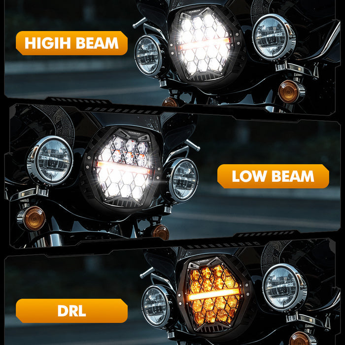 🆕 7 Inch 120W DOT Motorcycle LED Headlight Assembly with Amber DRL & Honeycomb Design (Hi/Lo Beam) for 2014-2018 FLHXS Street Glide Special