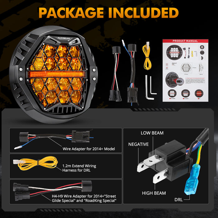🆕 7 Inch 120W DOT Motorcycle LED Headlight Assembly with Amber DRL & Honeycomb Design (Hi/Lo Beam) for 1995-2004 Ultra Classic Electra Glide EFI FLHTCUI