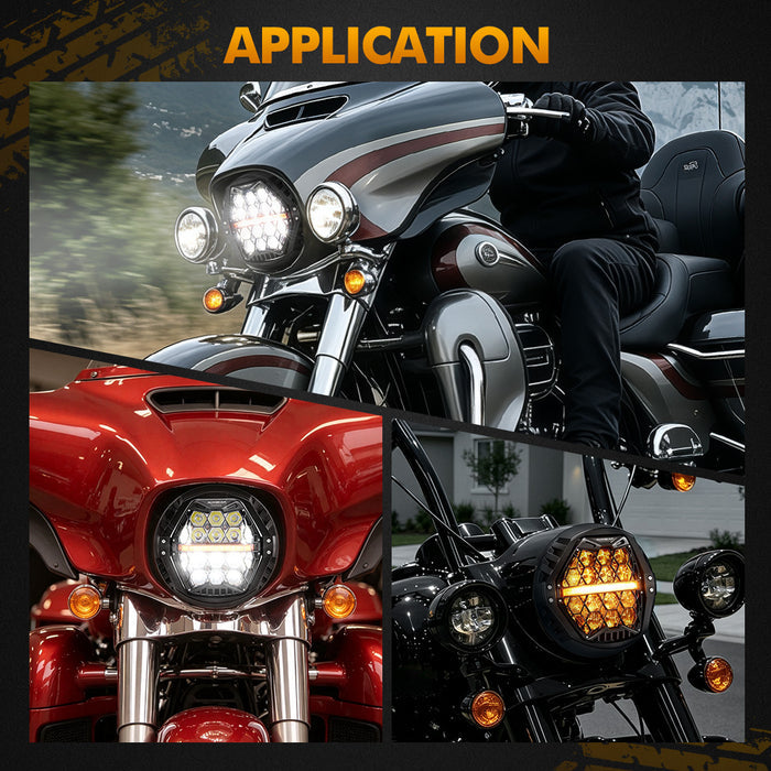 🆕 7 Inch 120W DOT Motorcycle LED Headlight Assembly with Amber DRL & Honeycomb Design (Hi/Lo Beam) for Harley-Davidson Touring/Softail Models/Kawasaki Vulcan Mean Streak
