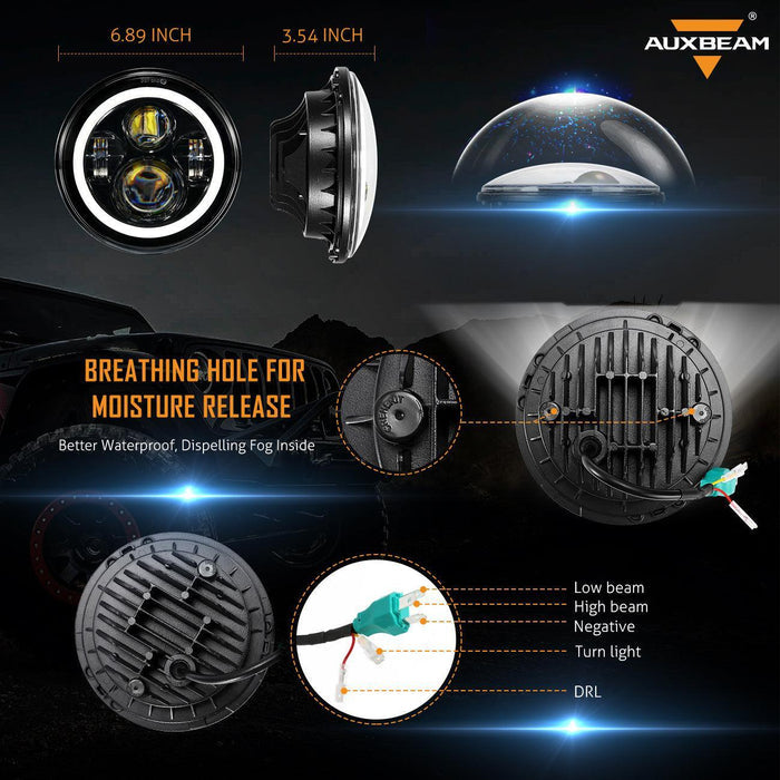 7 Inch LED Headlight Replacement with Halo Ring+ H4 LED Headlight Brightness Intensifier Wiring Harness for Jeep Wrangler JK TJ LJ