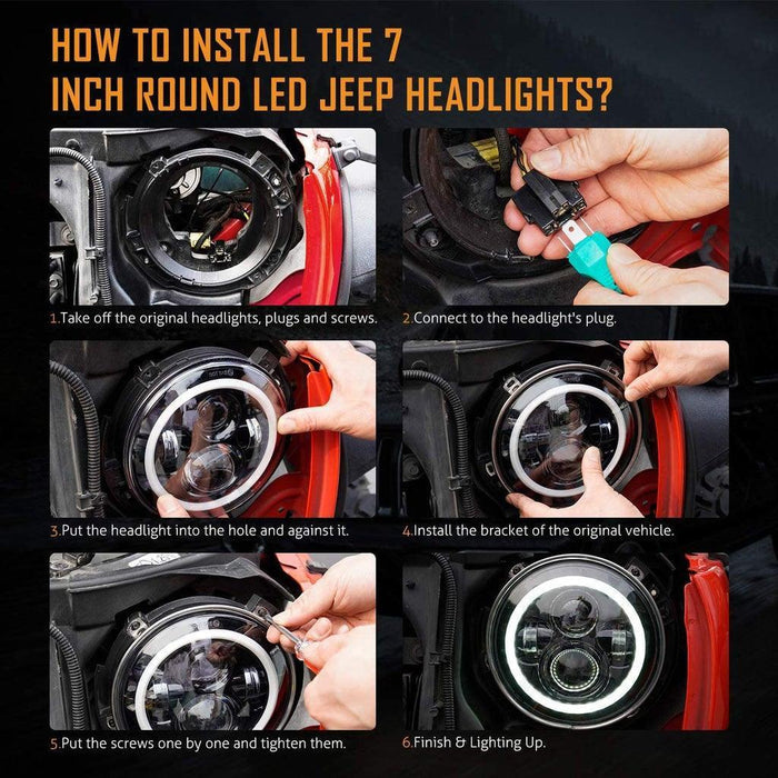 7 Inch LED Headlight Replacement with Halo Ring+ H4 LED Headlight Brightness Intensifier Wiring Harness for Jeep Wrangler JK TJ LJ