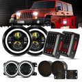 7'' LED Headlight Replacement with Halo Ring + 4'' LED Fog Light + LED Smoke Tail Light + Front Turn Signal & Fender Flares Side Marker Light for Jeep Wrangler JK