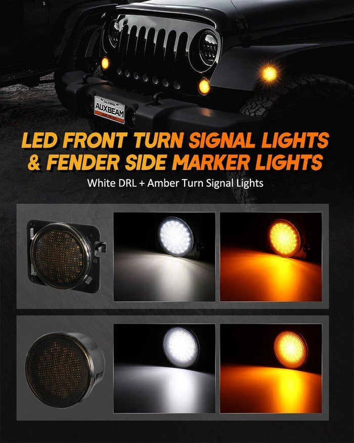 7'' LED Headlight Replacement with Halo Ring + 4'' LED Fog Light + LED Smoke Tail Light + Front Turn Signal & Fender Flares Side Marker Light for Jeep Wrangler JK
