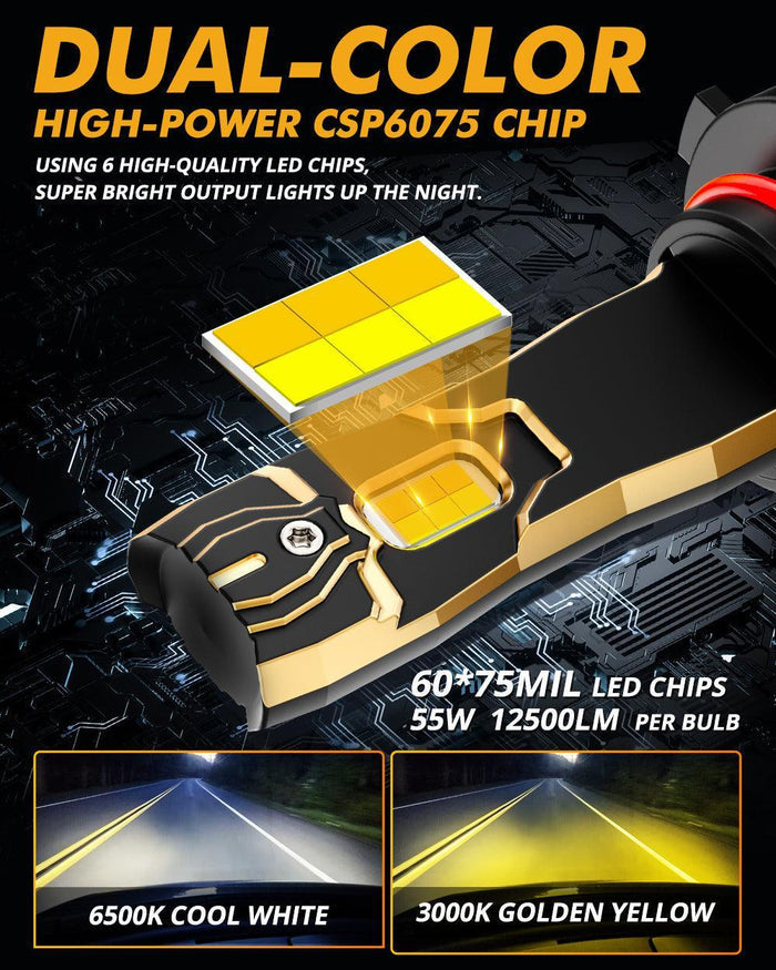 9012/HIR2 LED Headlight Bulbs 110W 25000LM GX Bi-Color Series High Power & Brightness Dual Color Switchback | 2 Bulbs