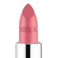 A close-up of Nikol Beautys Actually, I Can Shiny Velvet Cream Lipstick #33 in pink, set in a shiny silver tube. The vegan formula boasts an ultra-creamy texture with a smooth, rounded tip embossed with the brand name, ready for application.