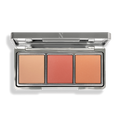 Discover the sleek silver After Glow Blush Palette by Nikol Beauty, featuring three rectangular pans in peach, coral, and orange shades. Crafted with natural ingredients, it imparts a luminous finish for a radiant glow.
