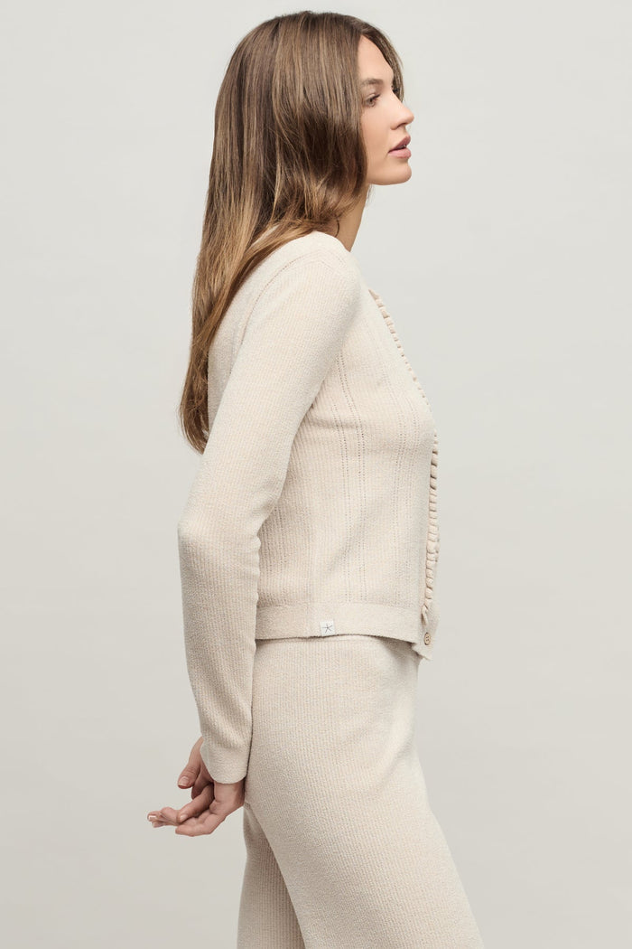 Barefoot Dreams CozyChic Ultra Lite® Pointelle Rib Ruffle Front Cardigan - Stone
