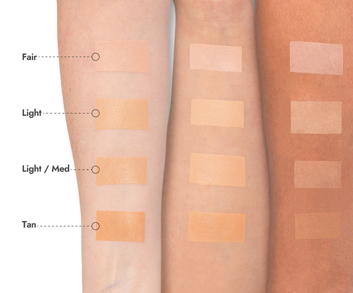 Three arms display swatches of four Nikol Beauty BB CRÈME shades—Fair, Light, Light/Medium, and Tan—showcasing how each shade looks on diverse skin tones. Specially formulated for mature skin, this collection offers a BB crème enriched with Vitamin C and other skin-loving ingredients.