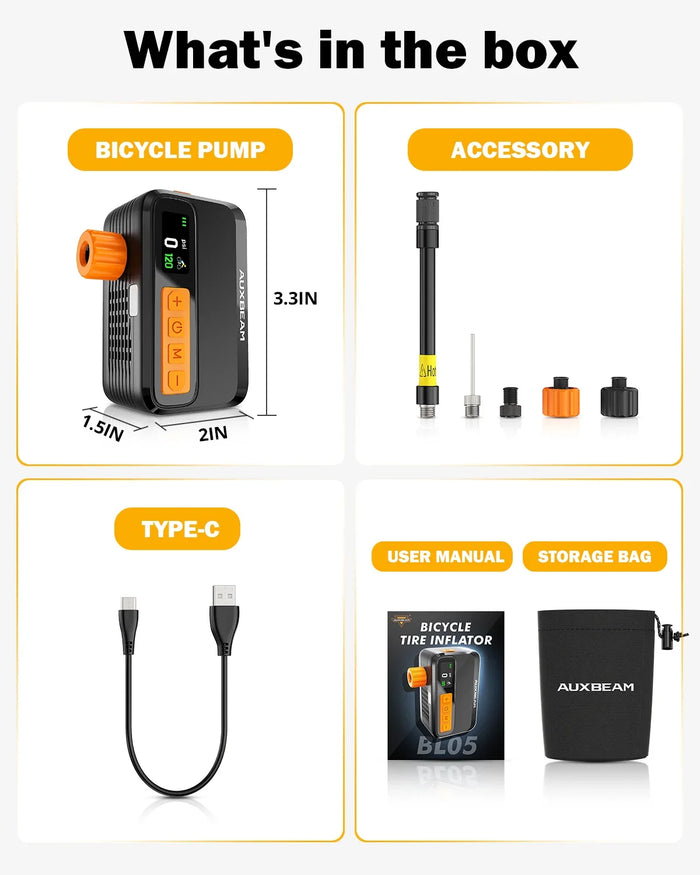 🆕BL05 120PSI High-Performance Upgraded Mini Handheld Bike Pump | Brushless Motor | Smart Presets | Progress Bar Display