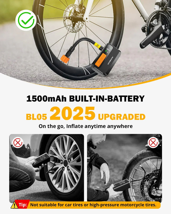 🆕BL05 120PSI High-Performance Upgraded Mini Handheld Bike Pump | Brushless Motor | Smart Presets | Progress Bar Display