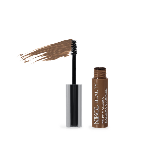 Nikol Beautys Brow Mascara, with its high-pigment formula and brush applicator, defines eyebrows beautifully. The bottle features a Brow Mascara” label and a chic brown cap, making it ideal for beauty enthusiasts.