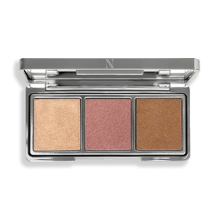 Introducing the Classic Beach Glow by Nikol Beauty, featuring three shimmery shades: gold, pink, and bronze. Housed in a sleek rectangular silver case with a hinged lid, each sits in its square compartment. This collection uses Hot-Pour Technology for a flawless highlight or eyeshadow look.