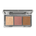 Introducing the Classic Beach Glow by Nikol Beauty, featuring three shimmery shades: gold, pink, and bronze. Housed in a sleek rectangular silver case with a hinged lid, each sits in its square compartment. This collection uses Hot-Pour Technology for a flawless highlight or eyeshadow look.