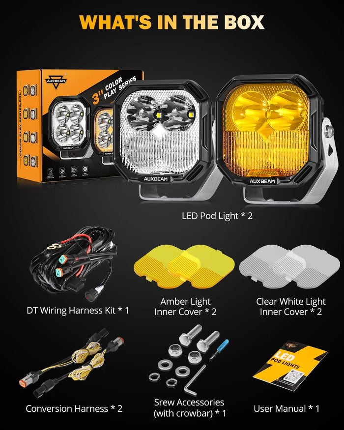 Color Play Series 3 Inch 100W Combo LED Pod Lights Off Road Lights with White DRL & Amber Turn Signal Lights