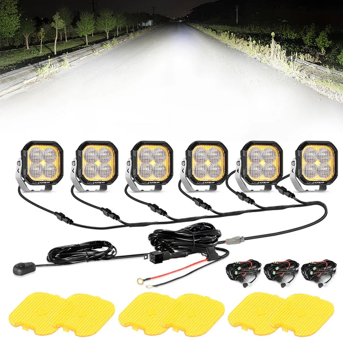 Flood / 4Pcs Pod Light+6-Pod Power Harness / With Black Covers