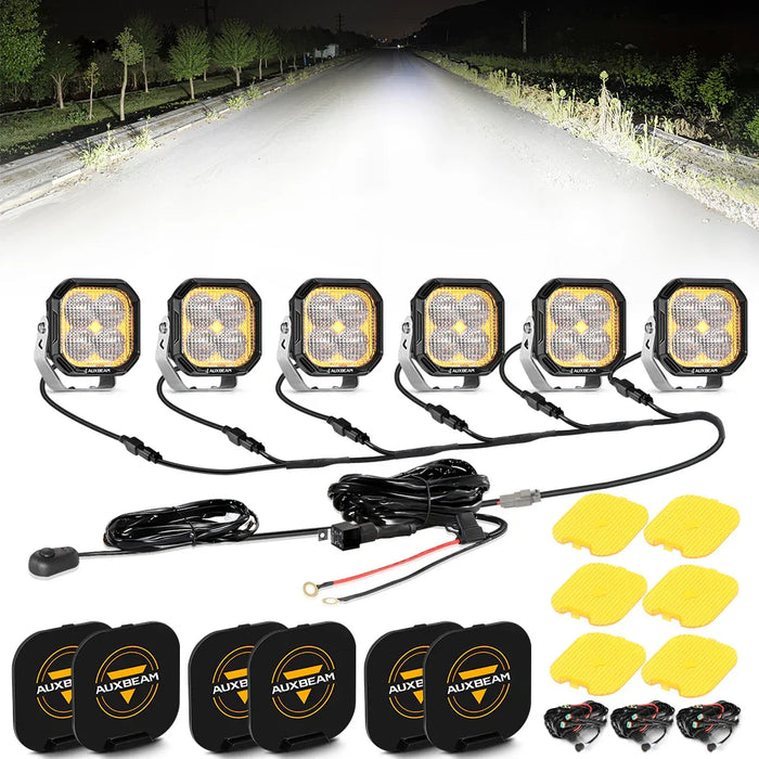 Flood / 6Pcs Pod Light+6-Pod Power Harness / With Black Covers