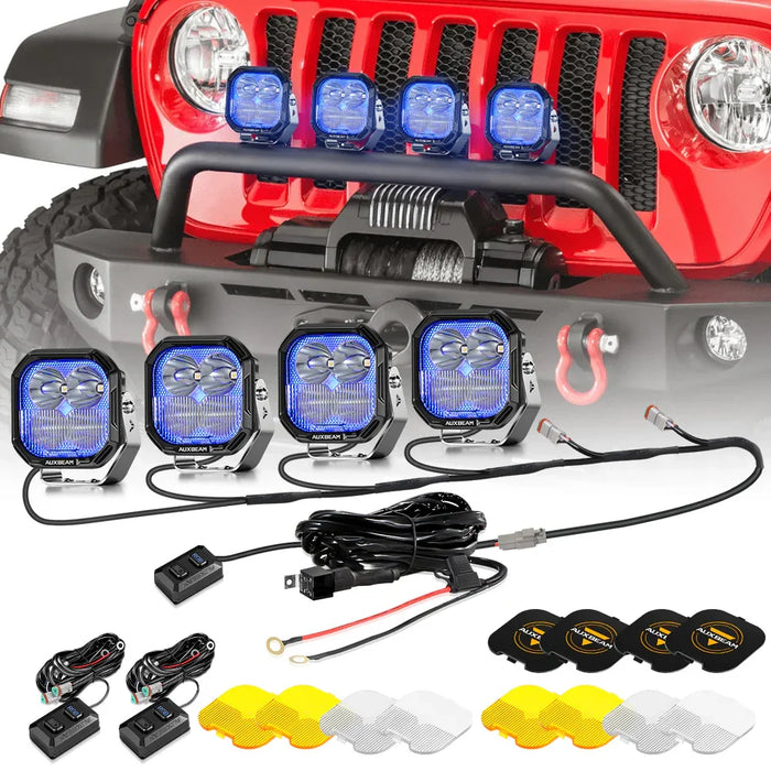 4Pcs Pod Light+6-Pod Power Harness / With Black Covers