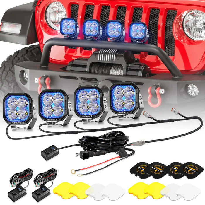 Spot / 4Pcs Pod Light+6-Pod Power Harness / With Black Covers