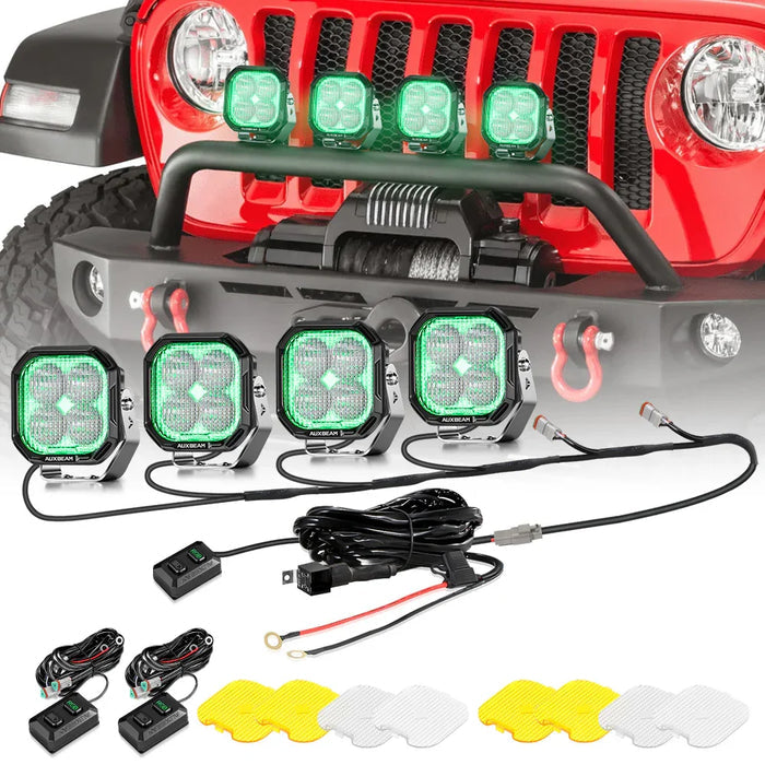 Flood / 4Pcs Pod Light+6-Pod Power Harness / Without Black Covers