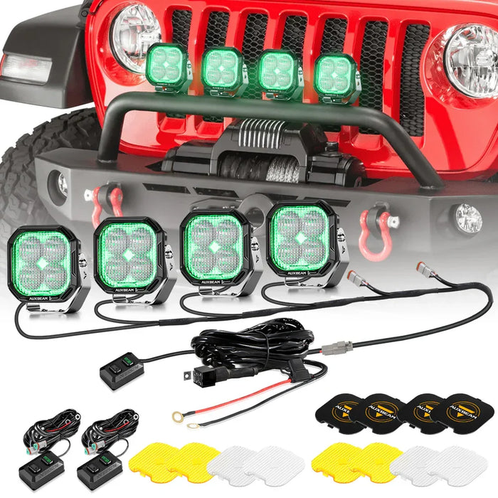 Flood / 4Pcs Pod Light+6-Pod Power Harness / With Black Covers