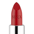 A close-up of the Confidence Shiny Velvet Cream Lipstick #173 by Nikol Beauty, featuring a smooth, angled tip and ultra-creamy texture. Embossed with NIKOL, it sits in a shiny silver tube on a plain white background, highlighting its hydrating impact for mature lips.
